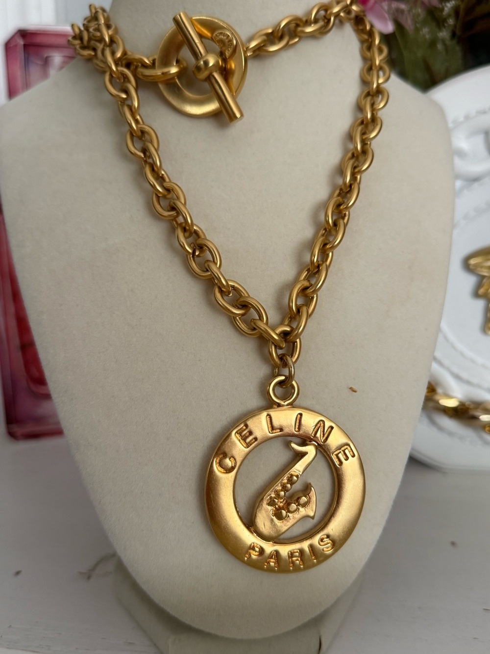 Vintage CELINE Triomphe Gold Link Toggle Necklace with Medallion - Made in Italy